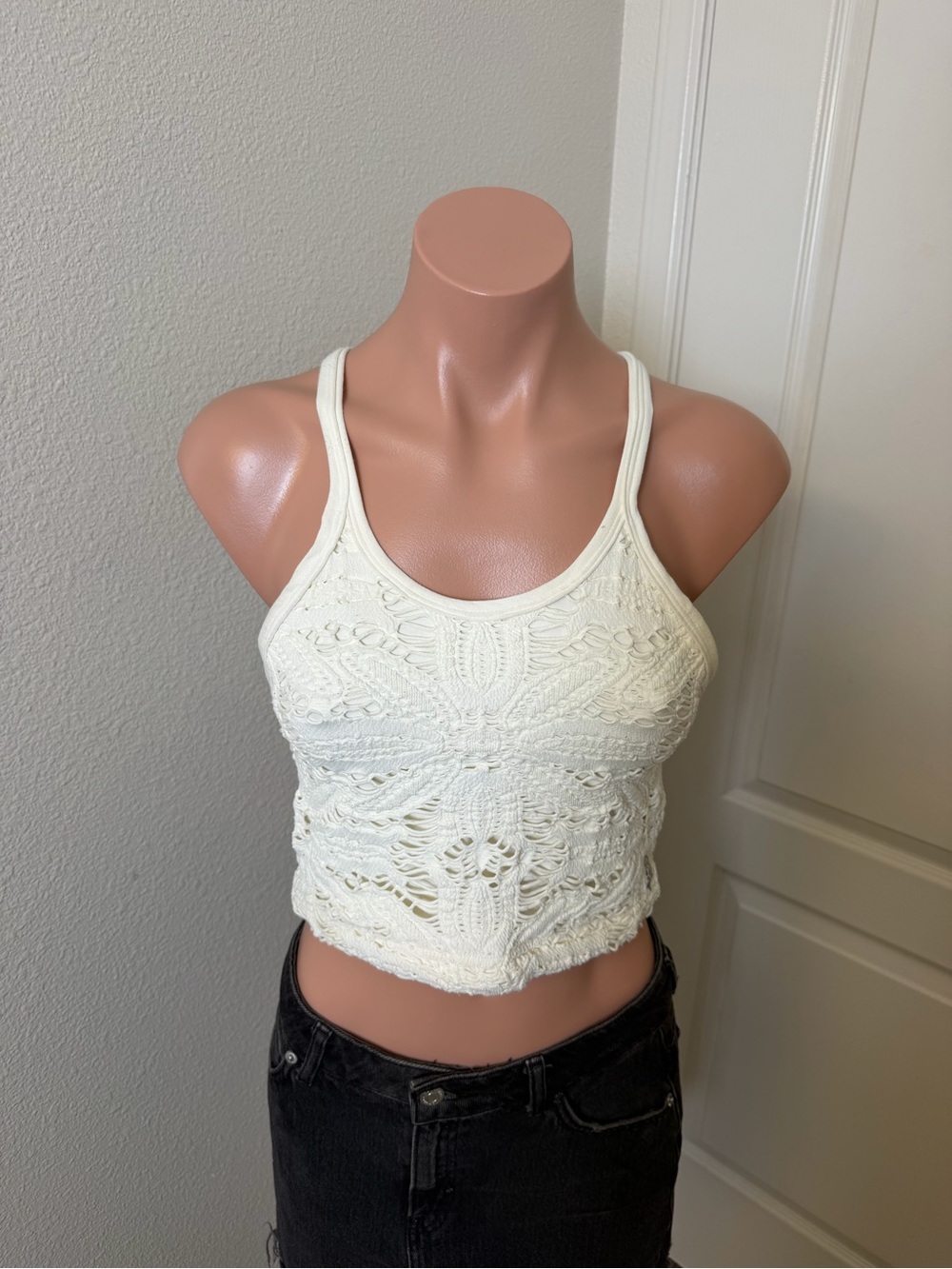FP Movement by Free People Cream Crochet Racerback Crop Top